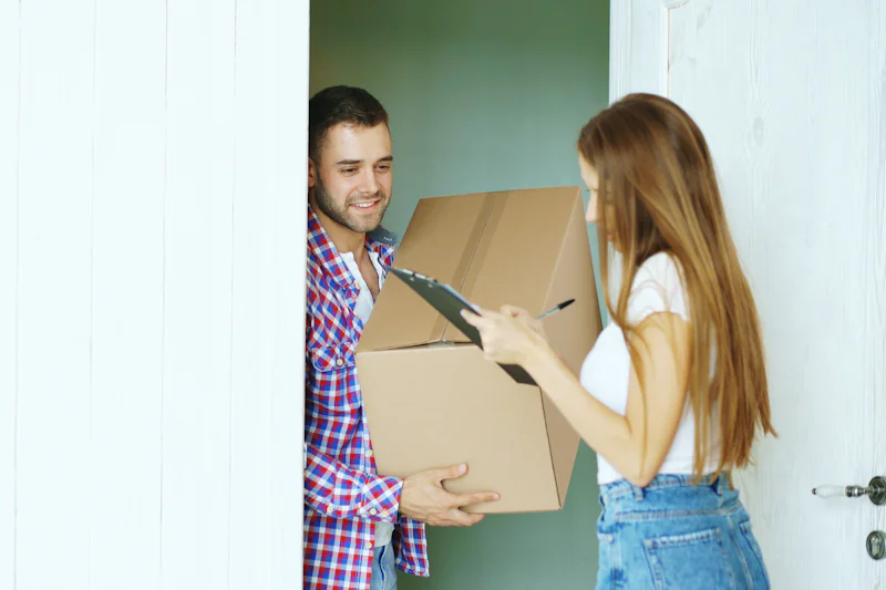 Couple signing for a parcel delivered to their front door